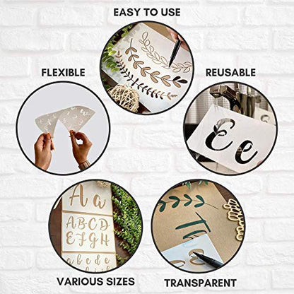 Boutique Calligraphy Stencil Template Kit | 45 Reusable Pieces | Lettering Upper, Lowercase, Large & Small | Numbers, Punctuation, Laurels and Flowers - For Arts Crafts Painting Wood (Calligraphy Kit) - style: Calligraphy Stencils