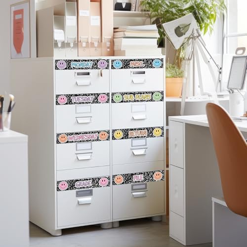 Whaline 12 Pcs Boho Rolling Storage Cart Labels Pastel Happy Face Composition Drawer Rolling Cart Label for Back to School Home Office Classroom Organization