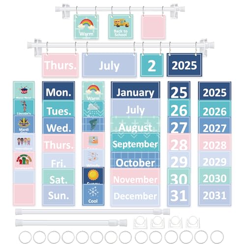 96 Cards Classroom Bulletin Board Decorations Set for Teachers,Flip Calendar with Holder for Classroom,Adjustable Calendar,Preschool Elementary Home Decor Supplies（Blue and Green） - style: Blue and Green