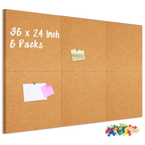 DOLLAR BOSS Cork Board Tiles, 6 Packs 12" x 12" 1/2" Thick Bulletin Board | Self Adhesive, Corkboards for Walls, 60 Pushpins Included, For Home Office Kitchen School - color: Cork, size: 6 PCS