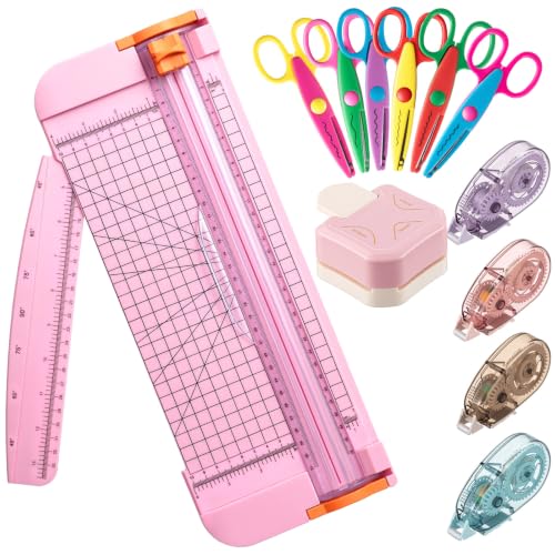 12 Pcs Scrapbook Supplies Kit - Pink Paper Trimmer, 3-in-1 Corner Rounder, 6 Decorative Scissors & 4 Double-Sided Tapes, Tools Set for Paper Craft Scrapbooking & Card Making