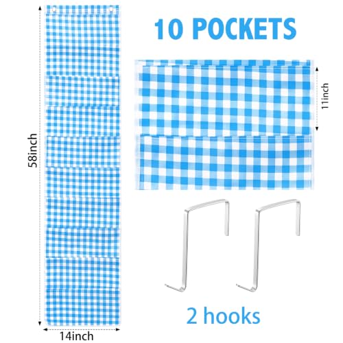 MotiMind 10 Pockets Wall Hanging File Folders File Storage Pocket Chart for Classroom Hanging Wall Organizer with 2 Over the Door Hangers, 58" x 14" for School Classroom Office Home (Blue Plaid) - style: Blue Plaid