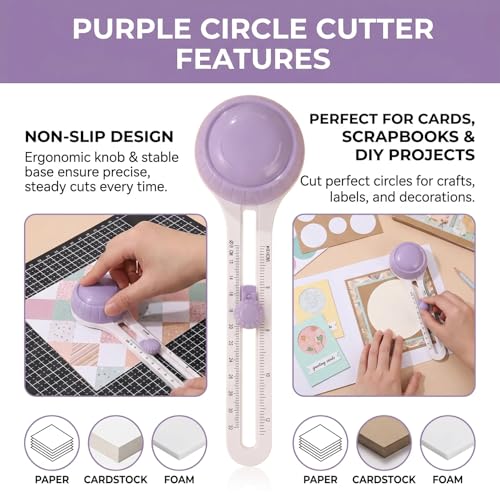 Circle Cutter, Circle Cutters for Crafts, Rotary Paper Cutter with 3 Blades, Trimmer Tool for Scrapbooking Card Making, 4'' to 12.5'' Cutting Diameter (Purple)