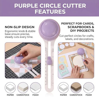 Circle Cutter, Circle Cutters for Crafts, Rotary Paper Cutter with 3 Blades, Trimmer Tool for Scrapbooking Card Making, 4'' to 12.5'' Cutting Diameter (Purple)