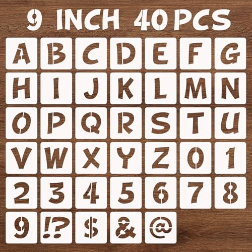 BAMIDELE 9 Inch Letter and Number Stencils, 40 Pcs Reusable Plastic Alphabet Spray Paint Stencils for Painting on Wood, Wall, Fabric, Rock, Chalkboard, Door Porch, Signage, DIY Craft Decoration - size: 9 Inch