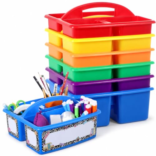 12 Pack Colorful Classroom Caddy Organizer with Composition Notebook Label Stickers 3 Compartments Teacher Supply Storage Caddy Table Caddies Holder for Classroom Desk Office Craft Art School Supplies