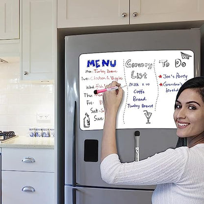 Magnetic Dry Erase Board Fridge Whiteboard Sheet 17"x11", Easy to Write and Clean, Flexible Refrigerator White Board for Home Kitchen Memo Shopping List, 2 Marker Pens and Eraser with Magnets - style: White 17"X11"