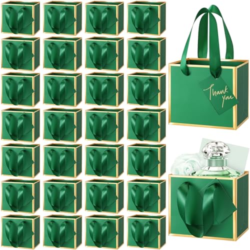 Yeaqee 50 Pcs Mini Metallic Paper Gift Bags with Handle 4.75x2.25x4'' Small Gift Bag DIY Tag Thank You Party Favor for Summer Wedding Baby Shower Birthday Back to School Jewelry (Dark Green,Gold) - color: Dark Green,Gold