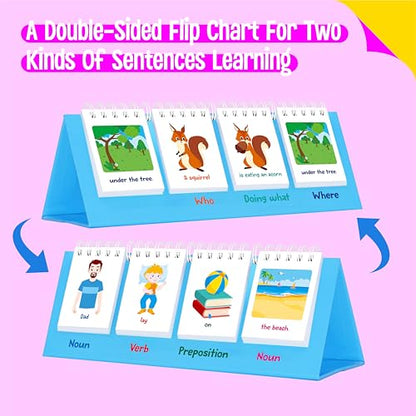 Sentence Flip Charts, 80 Double Sided Cards 40 Sentences, Learn Parts of Speech Who/What/Where Sentence Building Freestanding Flip Chart Educational Tool for Preschool Kindergarten 1st 2nd Grade - style: Sentence-C