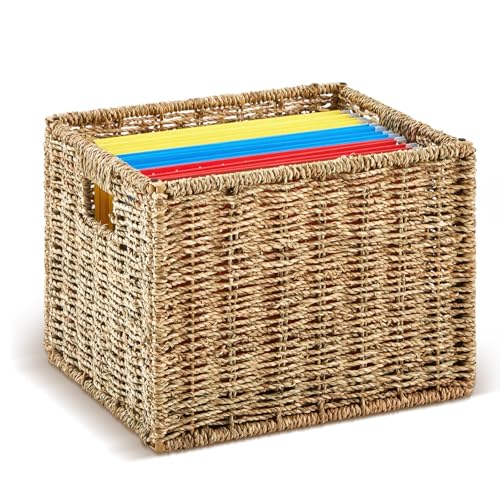 Jingmore Hanging File Box, Seagrass Collapsible Woven File Organizer for Letter Size Files, Portable Decorative Storage Basket with Handles for Home Office Decor