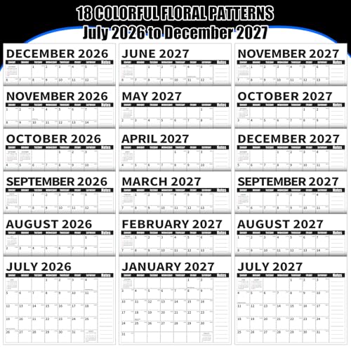Wall Calendar 2026-2027 (July 2026 - December 2027) - 18 Month Large Hanging Calendar 14.57 x 11.42 Inches, Monthly Planner with Ruled Blocks, Thick Paper, Holidays, To-Do List & Notes for Home, Office, Classroom - color: Black