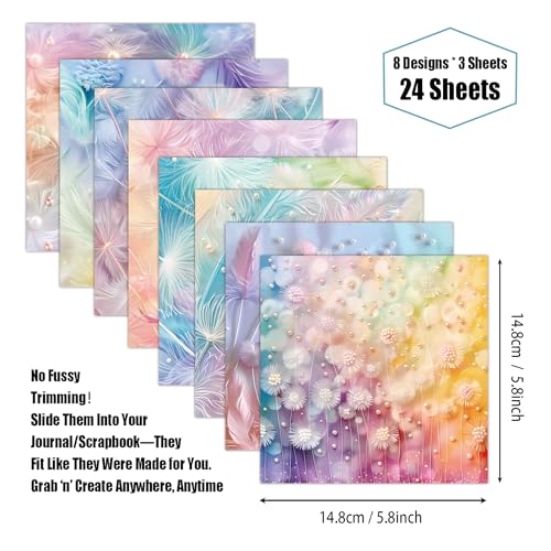 Dreamy Dandelion Feather Pearl Scrapbook Paper Pad - 24 Sheets Soft Pastel Gradient Designs - 15x15cm Square Craft Paper for Junk Journal Decoupage - color: Rainbow Feathers