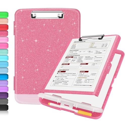 Sooez Glitter Clipboard with Storage, High Capacity Clip Boards 8.5x11 with Pen Holder, Cute Clipboards with Low Profile Clip, Sparkle Plastic Organizer Case Box for Women & Kids, Side Opening - color: Glitter Rose Pink