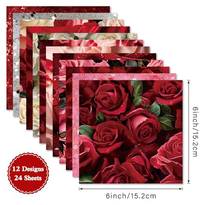 Romantic Scrapbooking Paper Pad, 6 x 6 Inch Red Rose & Heart 160gsm Cardstock Paper for Scrapbooking, 24 Sheets Luxury Valentine Craft Paper for Wedding Guest Book, DIY Cards - color: 22030 - 6×6