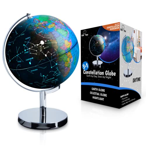 USA Toyz Illuminated World Globe with Stand - 3in1 STEM Globes for Adults and Kids, Constellation Map, Built-In LED Night Light Lamp, Easy to Read Texts, Non-Tip Base, 13.5 Inch Tall, 9 Inch Diameter - size: 9" Diameter