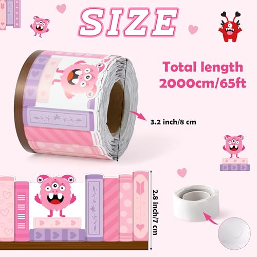 BeYumi Monster Bookshelf Border Trim - 65ft Back to School Monster Pink Books Rolled Border Trim Fun Monsters Pink Bookshelf Bulletin Board Set Library Classroom Office Chalkboard Party Decoration - style: Monster Pink Bookshelf