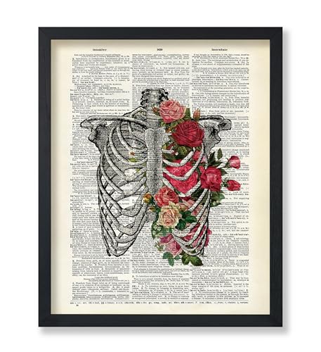 Poster Master Roses and Ribcage Print - Skeleton Poster - Dictionary Art - Gift for Him, Her, Nurse, Doctor - Floral Wall Decor for Clinic, Hospital - 8x10 UNFRAMED Wall Art - color: Style-13, size: 8"L x 10"W