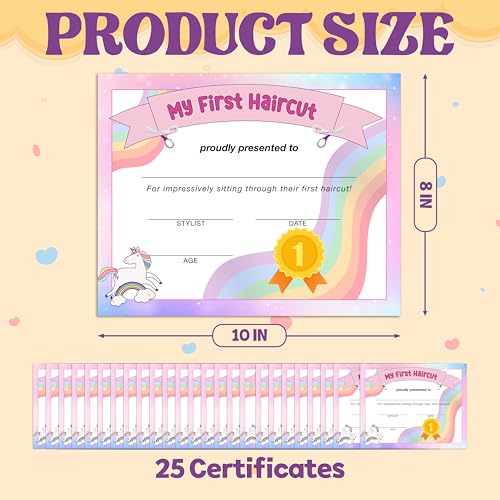 First Haircut Certificate, Rainbow First Haircut Keepsake Award Gifts for Kids Baby, 1st Hair Cut Souvenir Milestone Marker Supplies, 25 Pack Achievement Certificates of Recognition, 28 - style: Rainbow