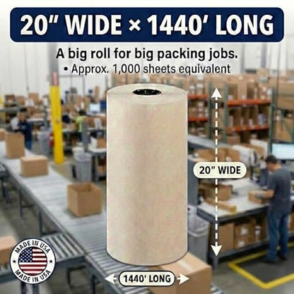 Box USA Packing Paper Roll 20" x 1400ft (1,000 Sheets 17" Equivalent) - Newsprint Paper for Shipping, Storage and Moving Supplies, White - size: 20"