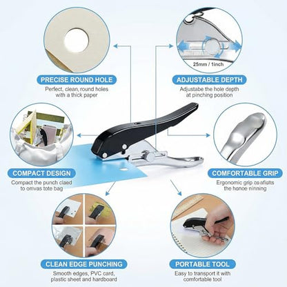 Single Hole Punch, 8mm Heavy Duty Hand Held Paper Puncher for Paper Cards Plastic and Cardboard, Portable Long Handle Design,Black