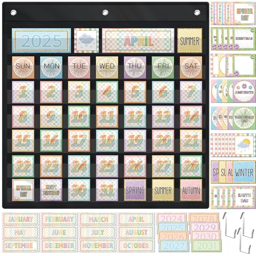 119 Pcs Classroom Calendar Pocket Chart Black Monthly Bulletin Board Set Seasons Festival Weather Farmhouse Calendar Set for Classroom Decoration Back to School Supplies(Pastel Checkerboard) - style: Pastel Checkerboard