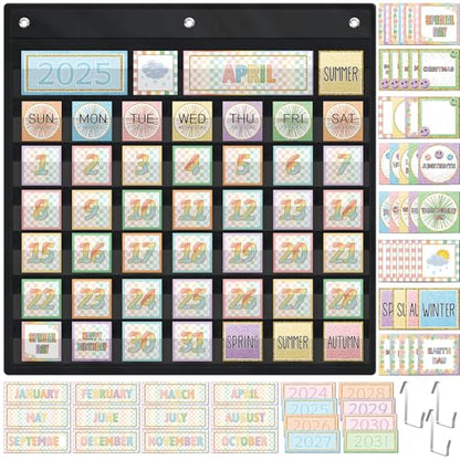 119 Pcs Classroom Calendar Pocket Chart Black Monthly Bulletin Board Set Seasons Festival Weather Farmhouse Calendar Set for Classroom Decoration Back to School Supplies(Pastel Checkerboard) - style: Pastel Checkerboard