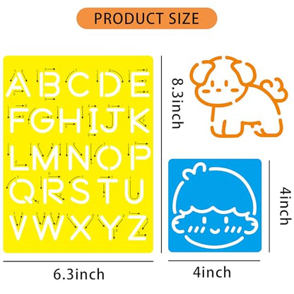 18 PCS Letter Tracing Stencils for Kids Numbers Alphabet Colorful Stencil Mix Car Animal Stencils Writing Practice Kit