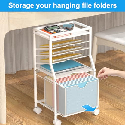 BOHDK Rolling File Cart, 6-Tier Desk File Organizer on Lockable Wheels, White Wood Planks & Mesh Sliding Hanging Folder Drawer, Organization Cart for Office Home School - color: White