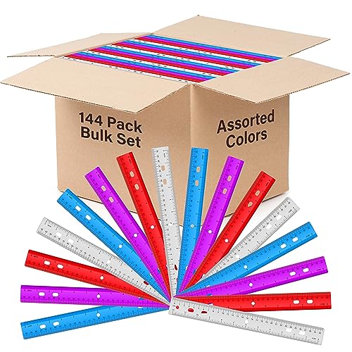 Rulers Bulk for Classroom (144 Bulk Pack) Plastic Ruler 12 Inch, Ruler with Centimeters and Inches, Rulers Bulk for Classroom, Bulk School Supplies Wholesale, Assorted Colors, (144 Pack Bulk)