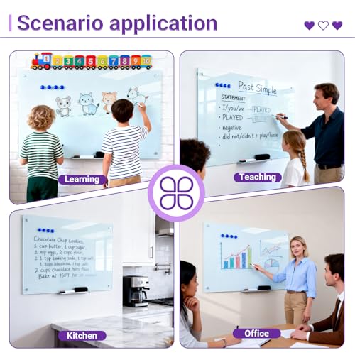 Magnetic Glass Whiteboard - 36” x 24” Glass Dry Erase Board for wall, Frameless Glass WhiteBoard for Office, Home & School