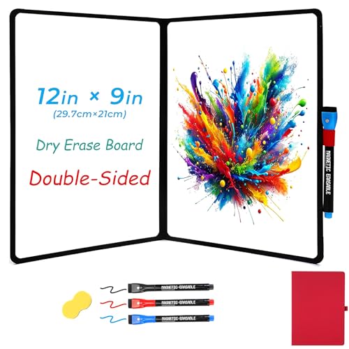 Double-Sided White Board 12x9 inch, Double-A4 Red | Ultra-Thin 0.3", Portable Dry Erase Board, 3 Markers Included, Anti-Ghosting Surface, Magnetic-Ready & Foldable - size: Double-A4 Red