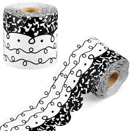 Kolldenn 68.9ft Composition Notebook Bulletin Board Border Black White Squiggles and Stripes Classroom Borders Scalloped Trim Rolled Die Cut for Bulletin Board Chalkboard School Teachers Wall Decor - style: Scalloped Composition