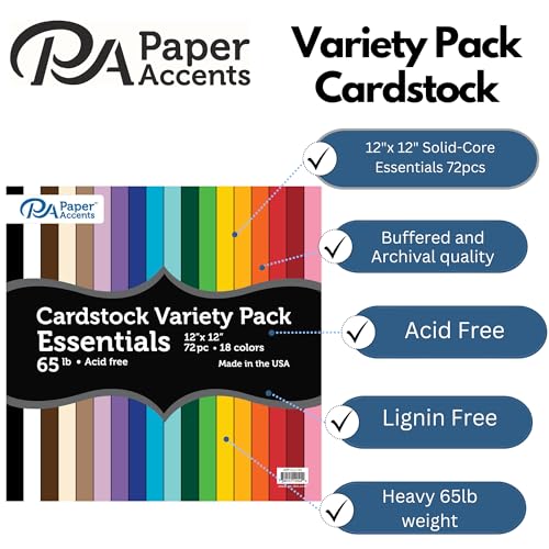 Accent Design Paper Accents Variety Pack, Essential Cardstock, 12x12 Inch, 72 Pack, 18 Colors, 65lb Cardstock, Scrapbooking, Card Making, and Rubber Stamping - color: Multicolor