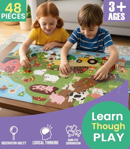 Floor Puzzles for Kids Ages 3-5 4-6 Educational 48 Piece Farm Animals with 2 Giant Coloring Posters Preschool Learning Toy Tractors Tools Barnyard Animals Screen Free Family Playtime - style: FARM ANIMALS