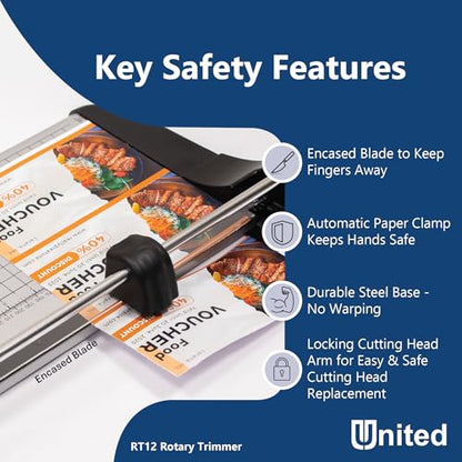 United Office Products RT12 Rotary Paper Trimmer, 12.5" Cut Length, 10 Sheet Capacity, Metal Base, Paper Cutter for Offices, Schools and Crafts - size: 12 Inch