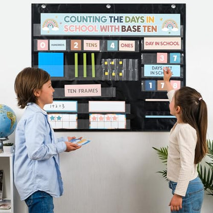 Boho Back to School Counting The Days with Base Ten Pocket Chart Place Value Teaching Materials Counting Pocket Chart for Kids Toddler Learning Activities Classroom Bulletin Board Home Decor - style: Bohemian