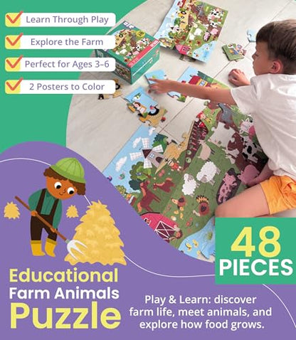 Floor Puzzles for Kids Ages 3-5 4-6 Educational 48 Piece Farm Animals with 2 Giant Coloring Posters Preschool Learning Toy Tractors Tools Barnyard Animals Screen Free Family Playtime - style: FARM ANIMALS