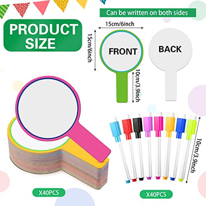 Crtiin 80 Pcs Colorful Dry Erase Paddles Set Include 40 Dry Erase Paddles with 40 Markers Double Sided Handheld Whiteboard for Answer Numbers Voting Blank Fans(Round) - style: Round