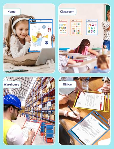 SUNEE 30 Packs Oversized Reusable Dry Erase Pocket Sleeves with 2 Rings, Blue 10x14 Ticket Holders, Clear Plastic Sheet Protectors, Teacher School Classroom Supplies - color: Blue, style: 30 Pack