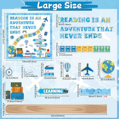 Reading Travel Bulletin Board Decorations Set Blue Reading is an Adventure Bulletin Board Classroom Decorations Motivational Signpost Paper Cutouts for Back to School Library Chalkboard Wall Decor - style: Blue Travel