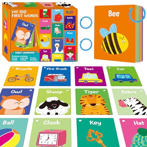 50 PCS First Word Flashcards, Double Sided Learning Cards Alphabet, Foods, Animals, Shapes, Colors, Vehicle, Body Parts with 2 Reclosable Rings, Learning Tool for Pre-K Kindergarten Toddlers - style: First Word