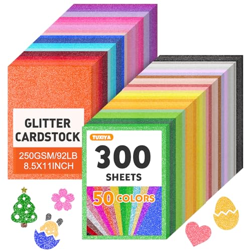 TUXIYA 300 Sheets 8.5" X 11" Glitter Cardstock,50 Assorted Colors 250GSM/92LB Glitter Cardstock,No-Shed Sparkly Glitter Paper for Arts and Crafts, Decorative, Card Making, Scrapbooking, DIY Projects - size: 300p