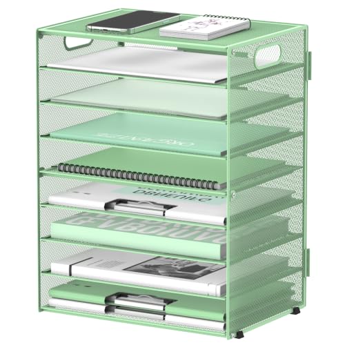 DALTACK 9-Tier Paper Organizer for Desk, Mesh Letter Tray Desk Organizer with Handles, Space-Saving File Organizer for Office Home School Classroom, Mint Green - color: Green