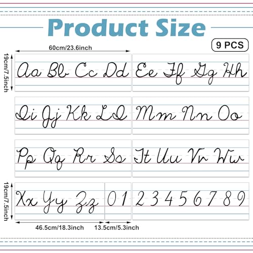 Set of 9 Cursive Writing Bulletin Board Cursive Alphabet Wall Strip for Teacher Supplies, Classroom Teaching Tool, Homeschooling, Kids Education(Simple) - style: Simple