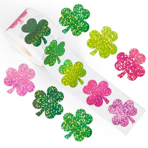 Whaline St. Patrick's Day Stickers Roll Holographic Pink Green Shamrock Seal Stickers Clover Waterproof Self-Adhesive Decals for Envelope Journal Decor Irish Party Supplies, 500Pcs - style: Pink Green Shamrock