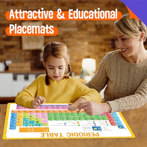 4 Pack Double-Sided Placemats, Washable & Reusable Table Mats -Math, Universe, Periodic Table, US President, Human Body, Map of USA & World Educational Placemats for Home, Kindergarten, Classroom - style: Popular Science-Double-Sided
