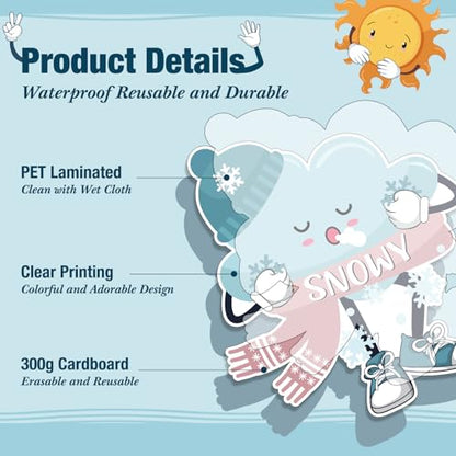 Fulmoon 9 Pcs Weather Posters Set Human Shaped Weather Table Chart Weather Bulletin Board Division Chart Artificial Weather Chart for Preschool Kindergarten Leaning Studying Classroom Wall Decor