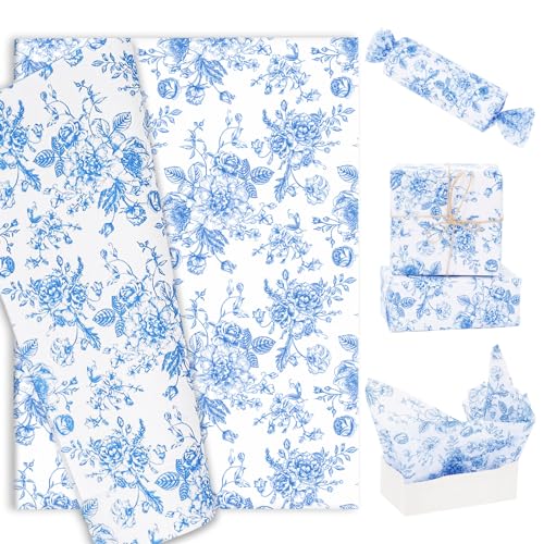 60 Sheets Blue Floral Tissue Paper Blue Toile Tissue Paper Vintage Floral Bouquet DIY Art Crafts Tissue Chinoiserie Gift Wrapping for Birthday Baby Shower Wedding Party Decor, 14 x 20 Inch - color: Blue, size: 14 x 20 inch