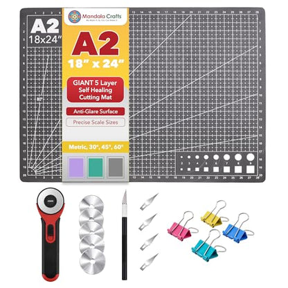 Mandala Crafts Self-Healing Cutting Mat Set – 18" x 24" A2 Black Gray Double-Sided 5-Ply Mat with Fabric Cutter, Quilt Ruler & Craft Knife for Sewing, Quilting, Leather & Scrapbooking - color: Black Combo, size: 18 x 24 Inches Mat Combo