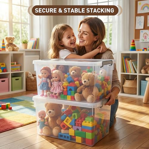 Citylife 48 Qt Ultra-Thick (3.82mm) Clear Plastic Storage Bins with Lids, 6-Pack Stackable Straight-Wall Closet Organizers with Honeycomb Base & Pinch-Free Latches for Garage, Clothes & Holiday Decor - size: 48 QT, style: 6 Pack